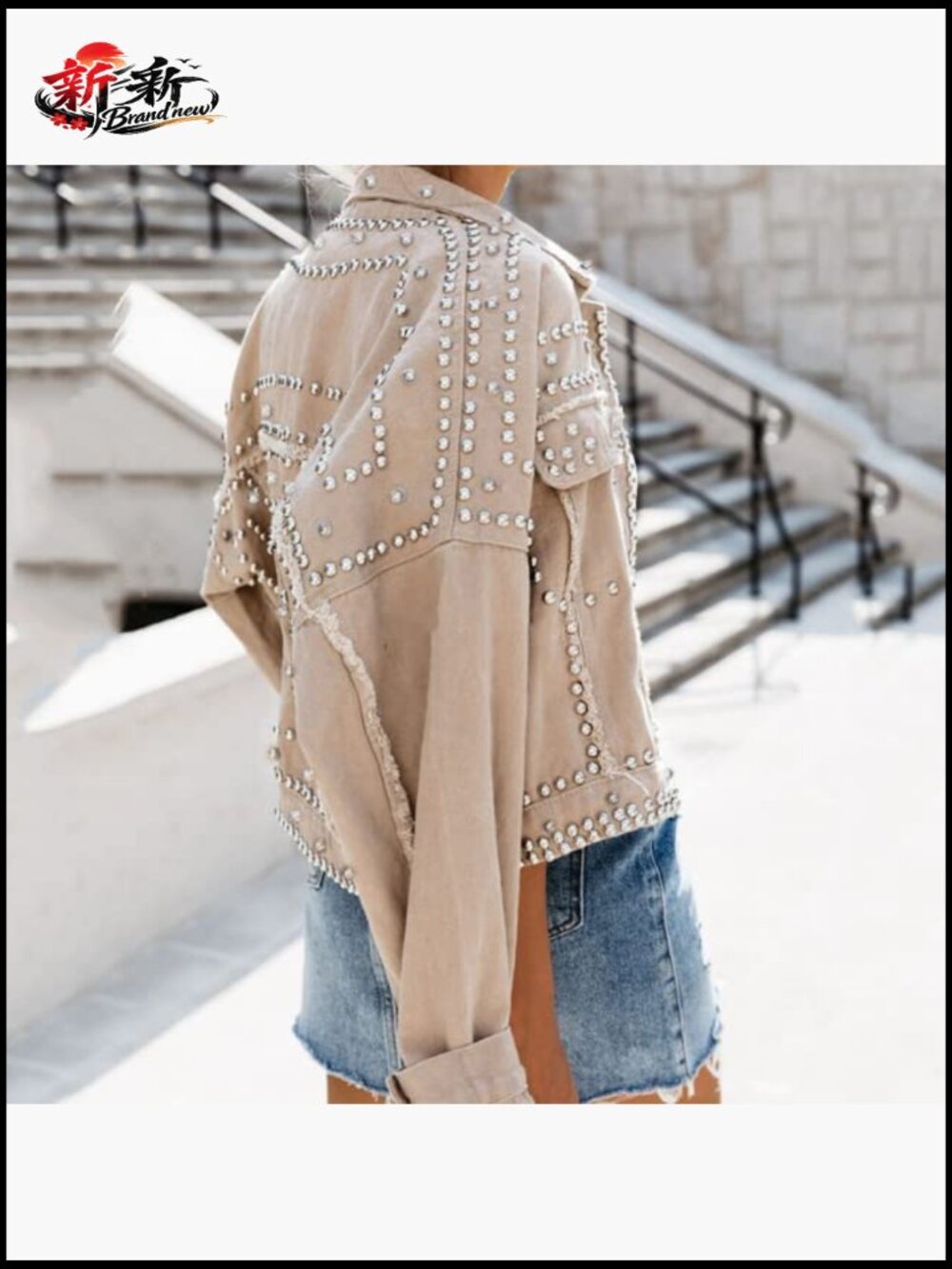 Loose Fit Studded Denim Jacket with Rhinestone Beading Western Style - Picture 4 of 7